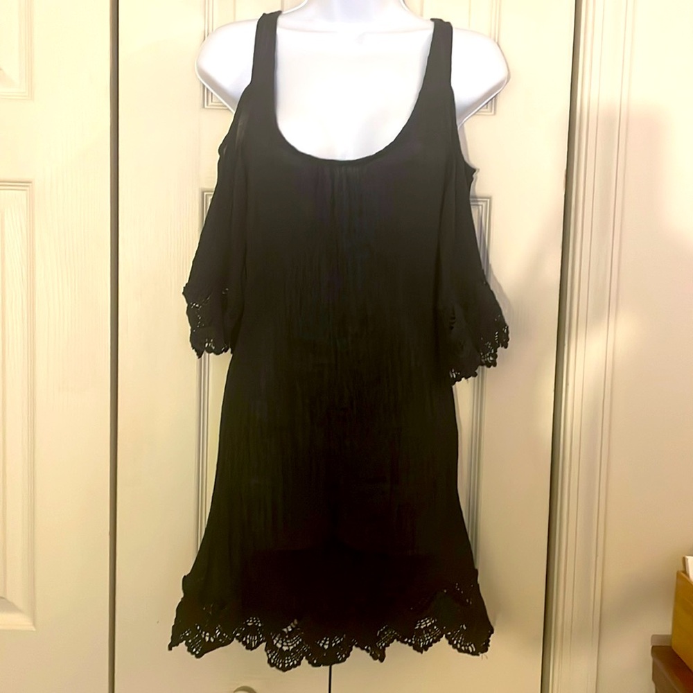Black Cold Shoulder Cover Up with attractive crocheted cuffs and hem